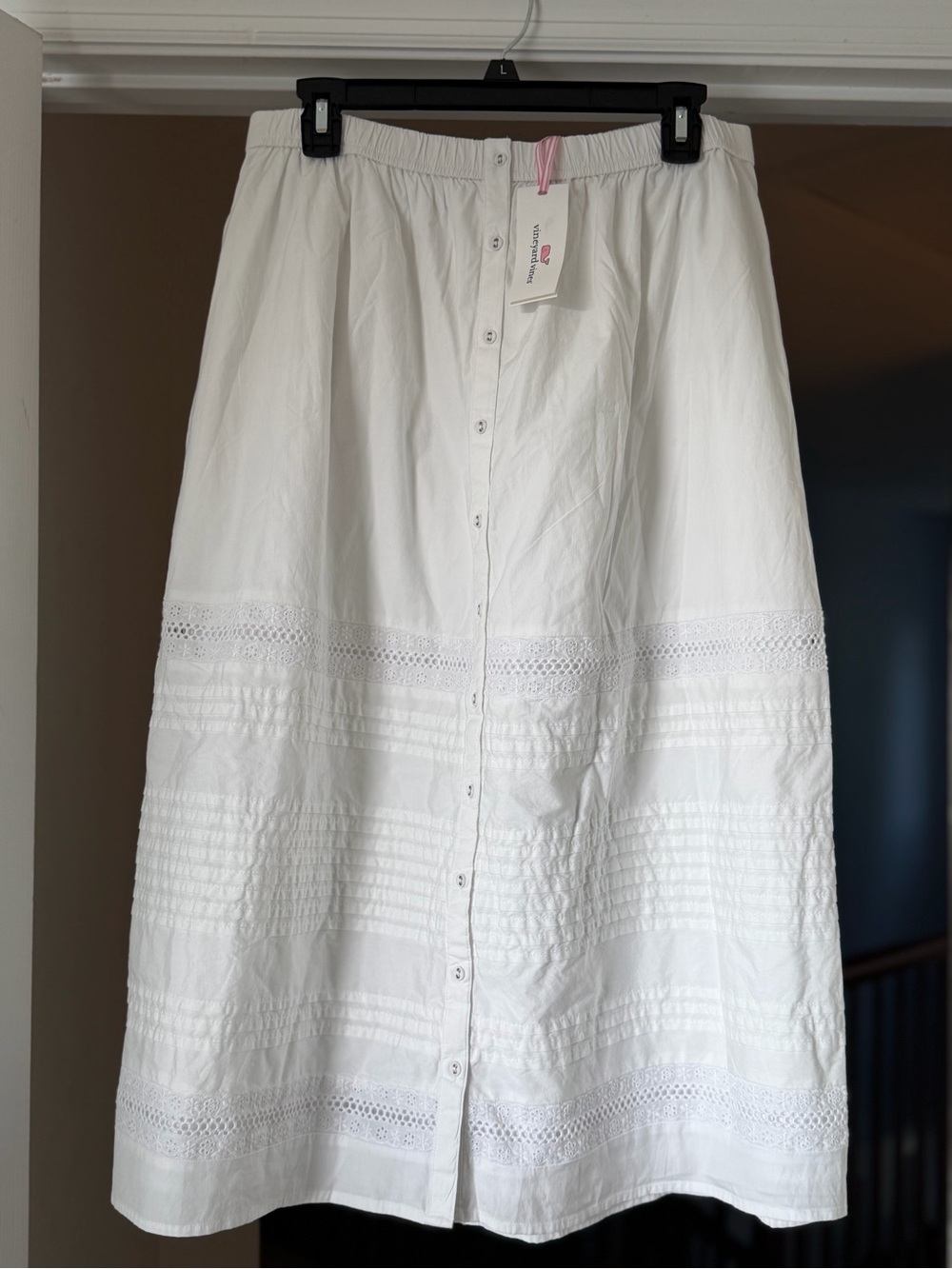 NWT Vineyard Vines White Poplin Lace, Button Front Midi Skirt With Pockets. SZ L